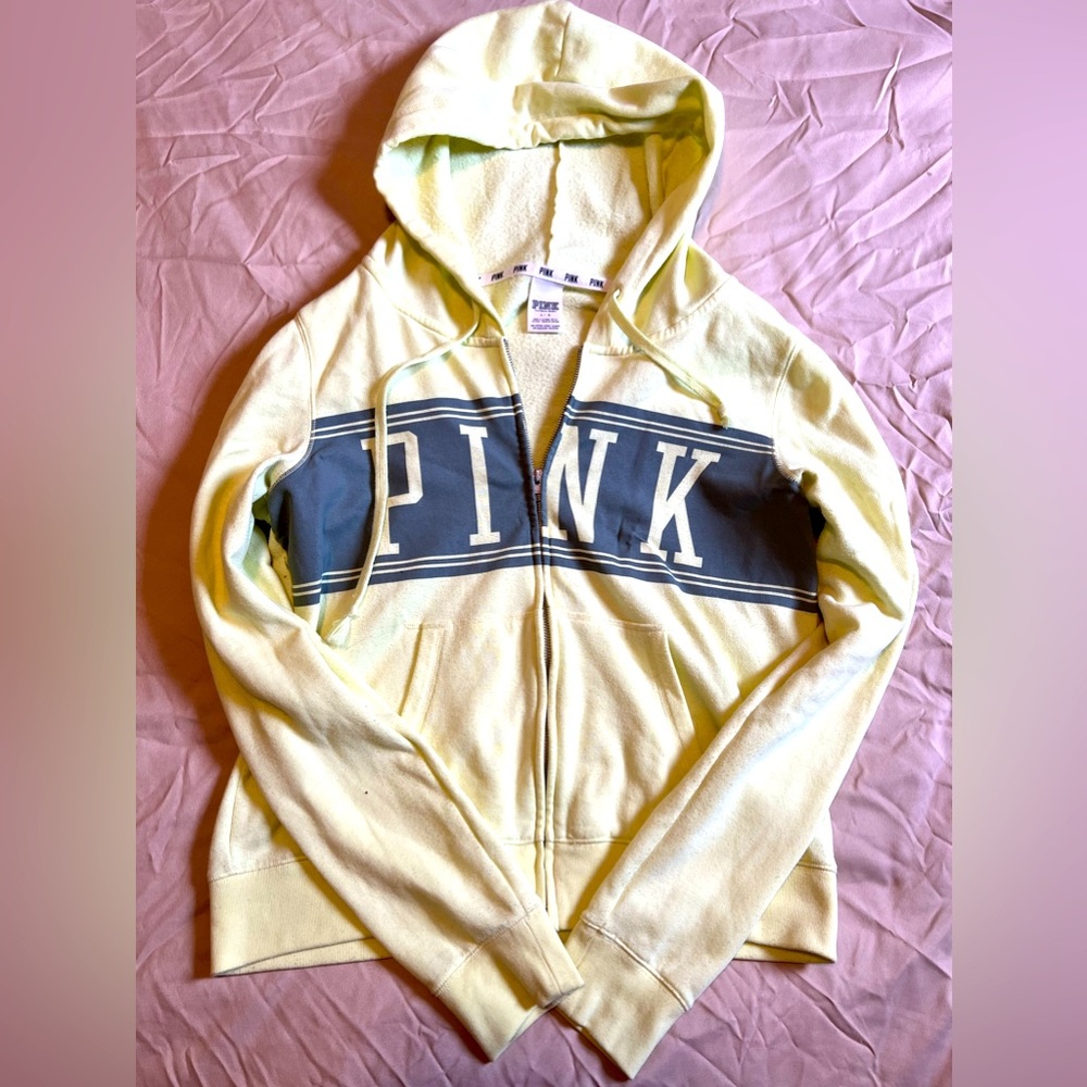 PINK Victoria Secret Womens Neon Yellow Green Full Zip Jacket Hoodie